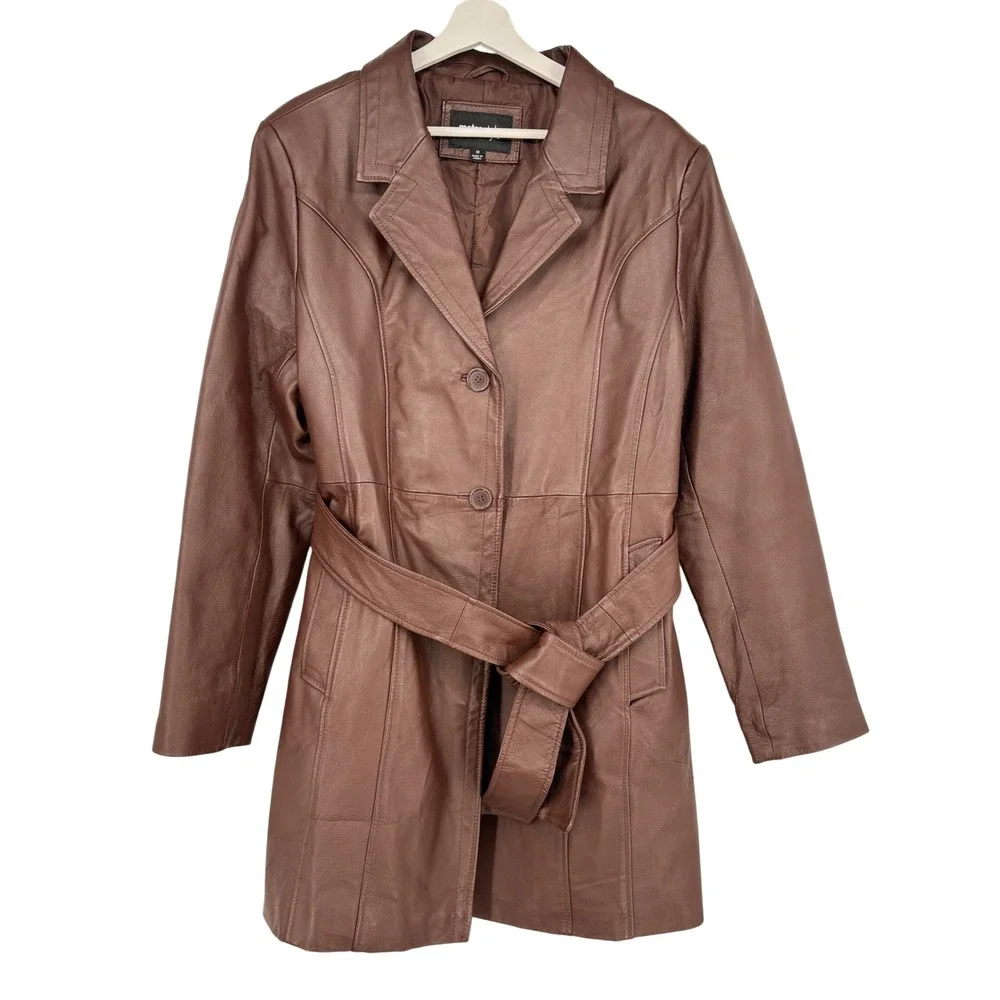 Metrostyle Women's Brown Leather‎ Belted Trench Coat Size 18